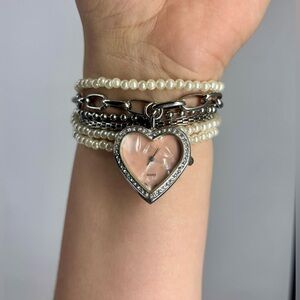 Pink Quartz Rhinestone Heart Jeweled Watch Charm Bracelet Silver and Pearls